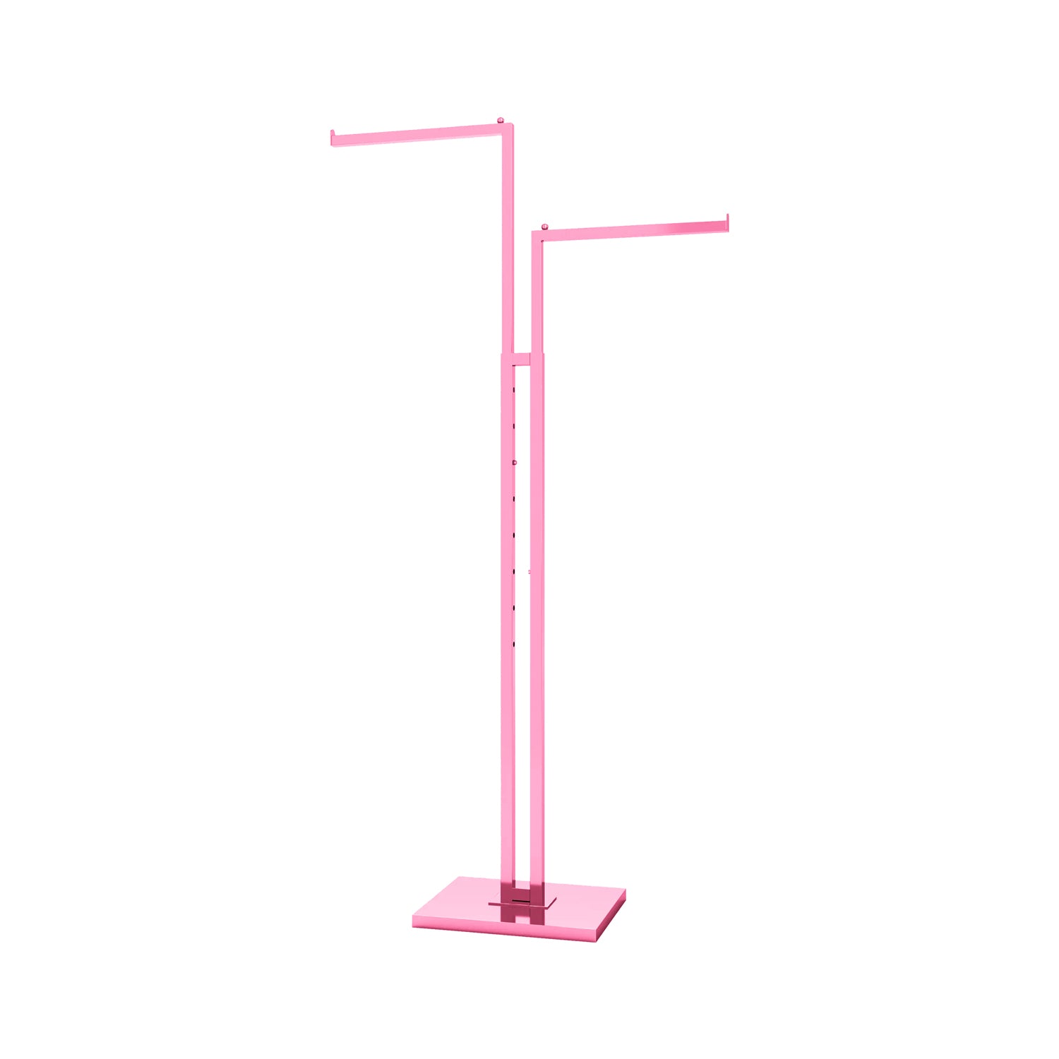 BDF elegant pink 2-way clothing rack with two straight arms, showing adjustable height mechanism and weighted base in soft pink finish