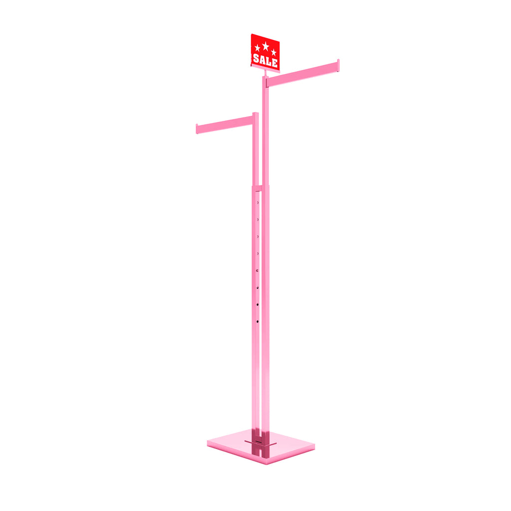 Detail of weighted base and square tubing construction on BDF pink 2-way clothing rack, showcasing feminine pink coloration
