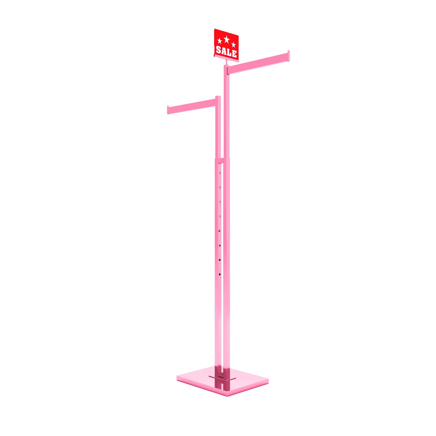 Detail of weighted base and square tubing construction on BDF pink 2-way clothing rack, showcasing feminine pink coloration