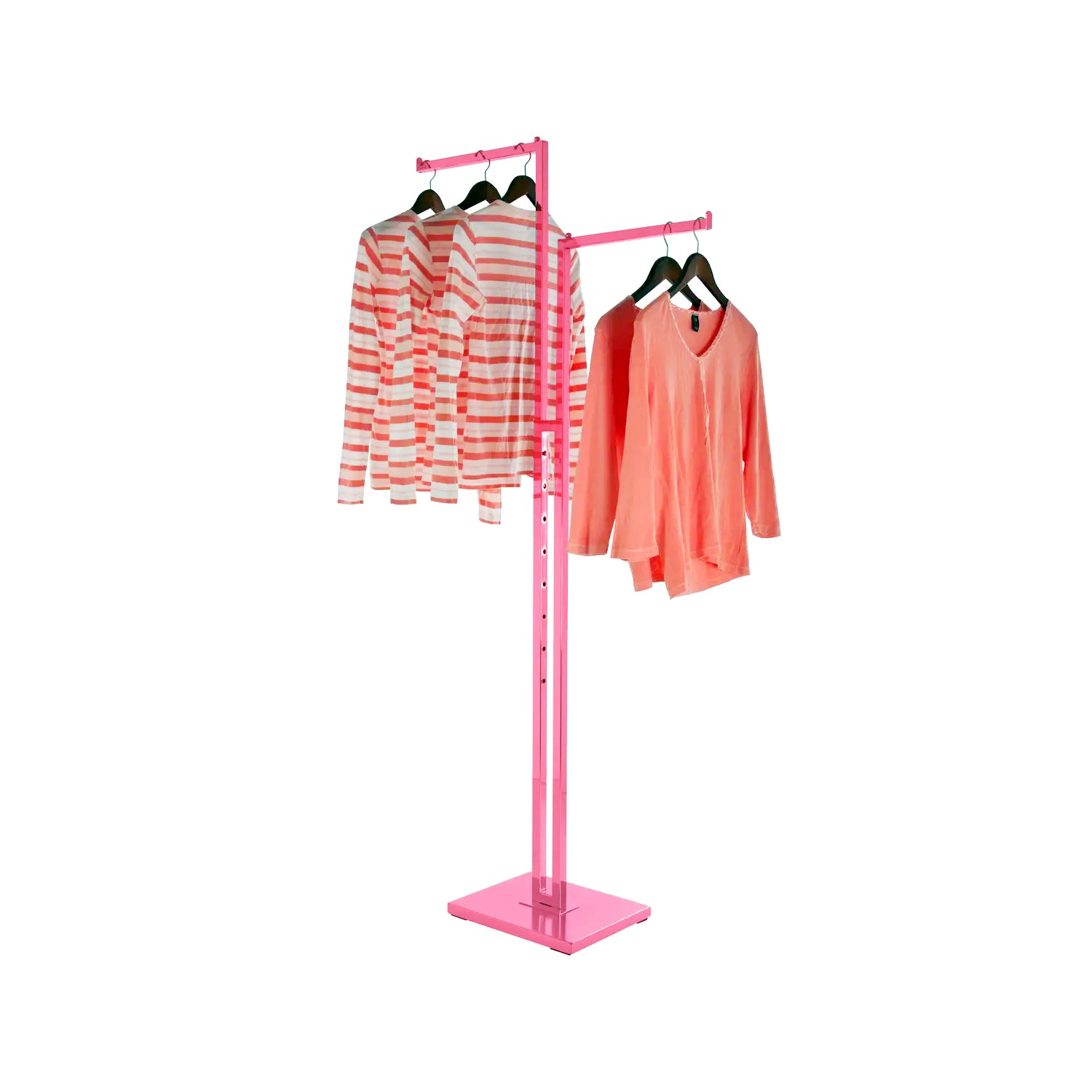 Close-up of push-button height adjustment on BDF pink 2-way clothing rack, showing smooth operation against delicate pink finish