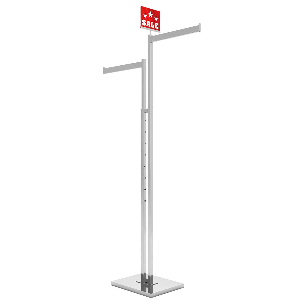 BDF chrome 2-way clothing rack with straight arms in use at retail store, displaying various garments at different heights