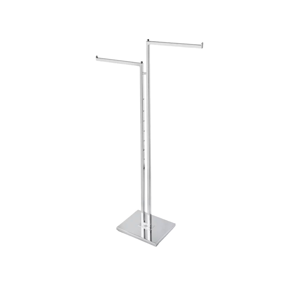 BDF commercial 2-way clothing rack in chrome, featuring push-button height adjustment and a sturdy weighted base.