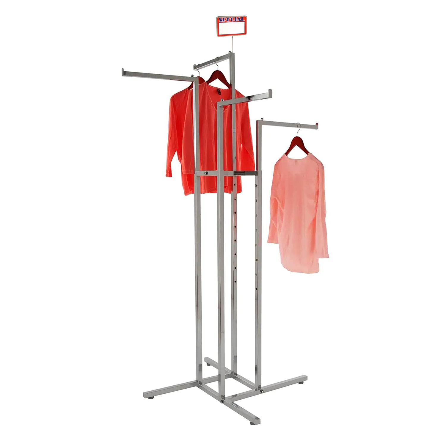 BDF chrome 4-way adjustable garment rack displaying clothing in professional retail environment