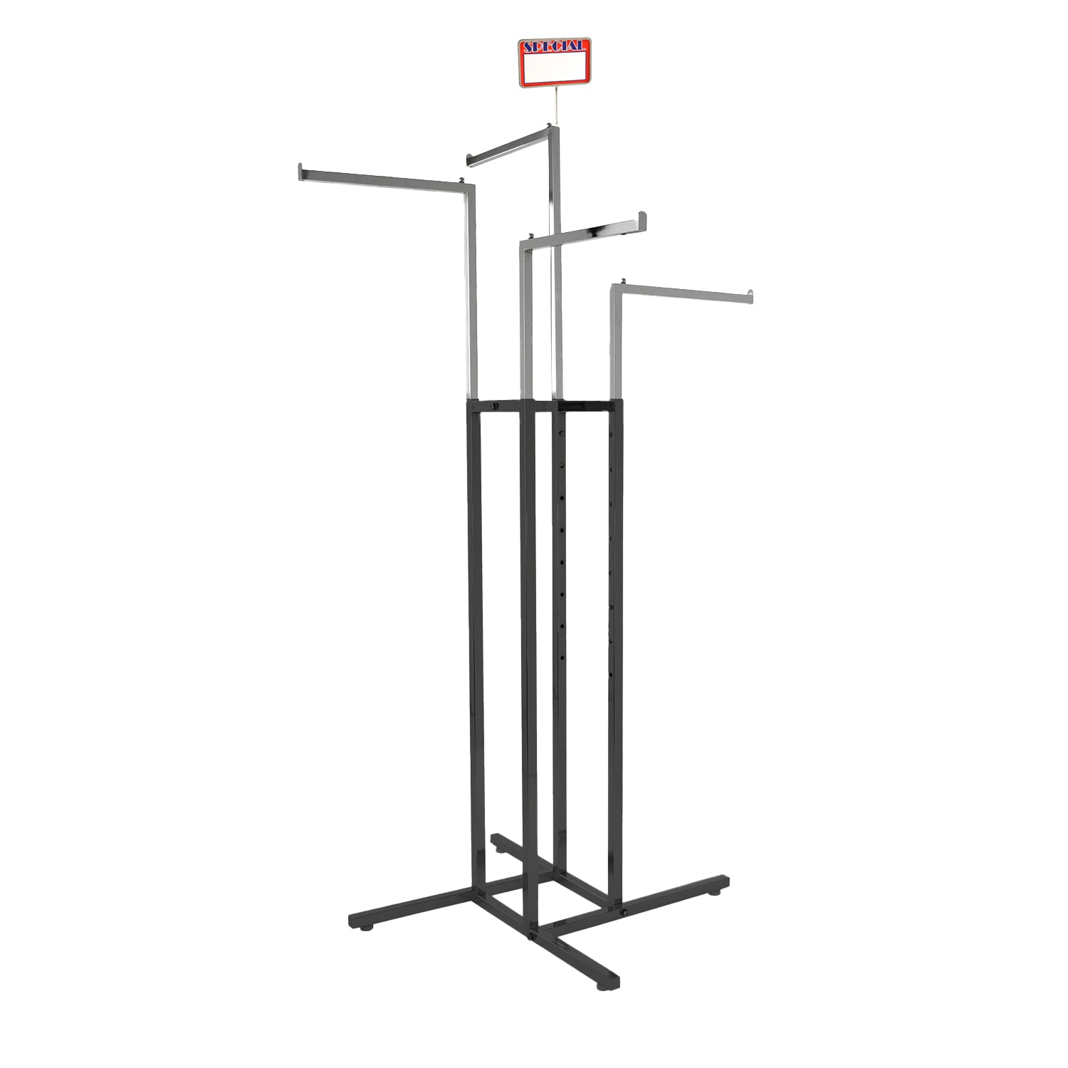 BDF 4-way clothing rack with chrome plated arms and matte black powder coated frame, dual-finish commercial display
