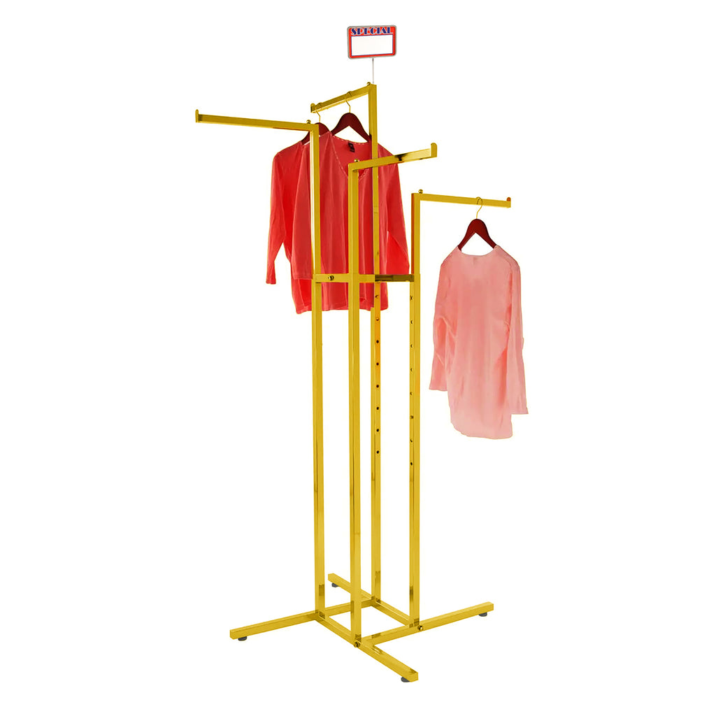 BDF chrome-gold electroplated 4-way clothing rack displaying luxury garments in high-end boutique setting