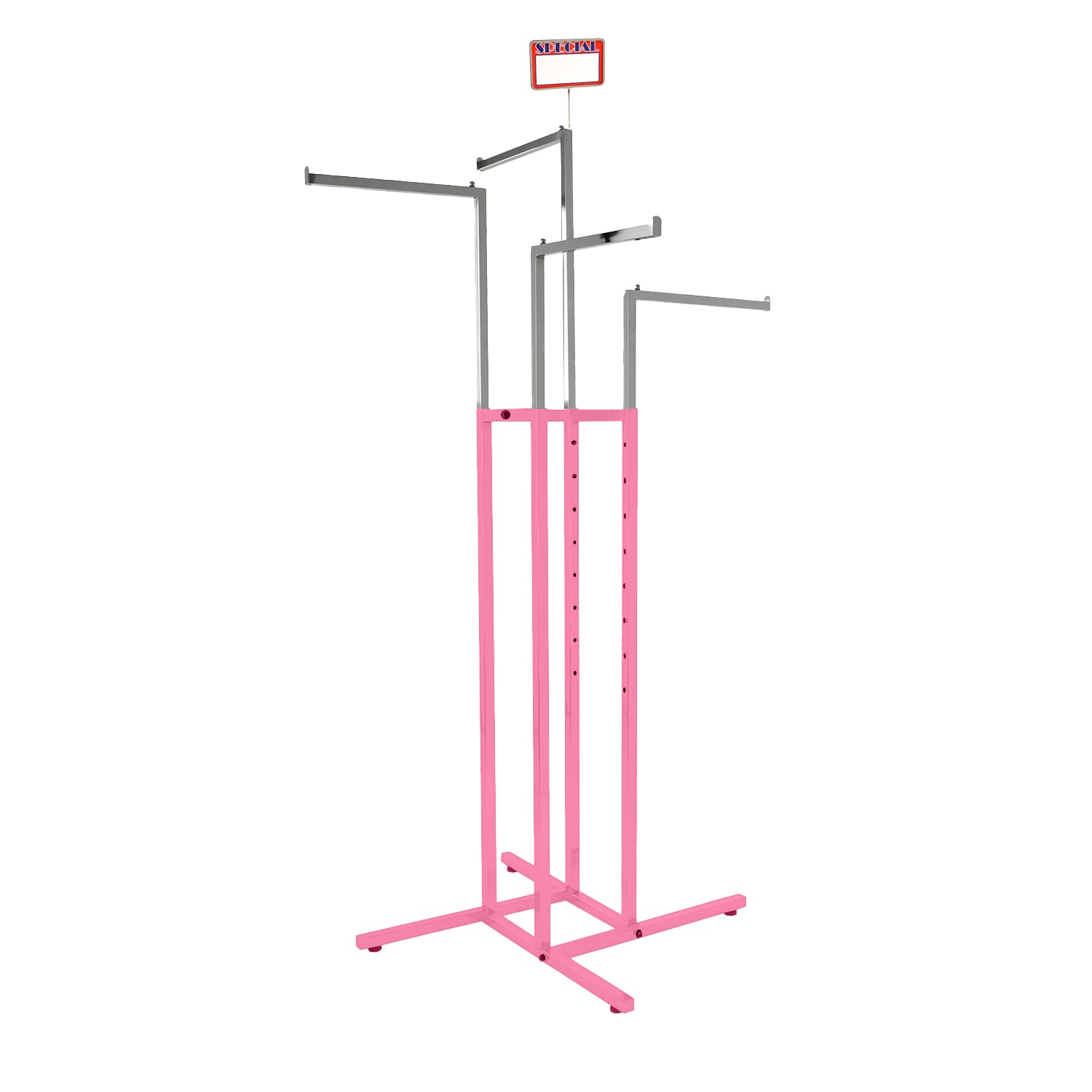 BDF 4-way clothing rack with chrome arms and pink powder coated frame, feminine commercial display fixtur