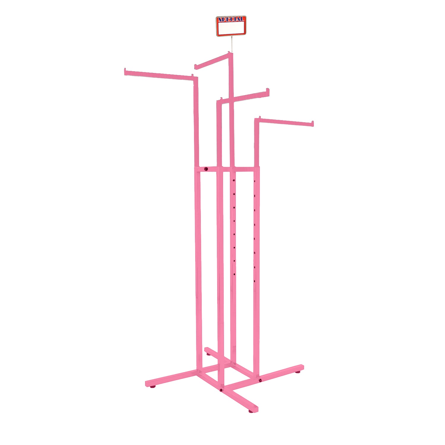 BDF 4-way clothing rack with high-gloss pink finish, vibrant commercial display fixture for fashion stores