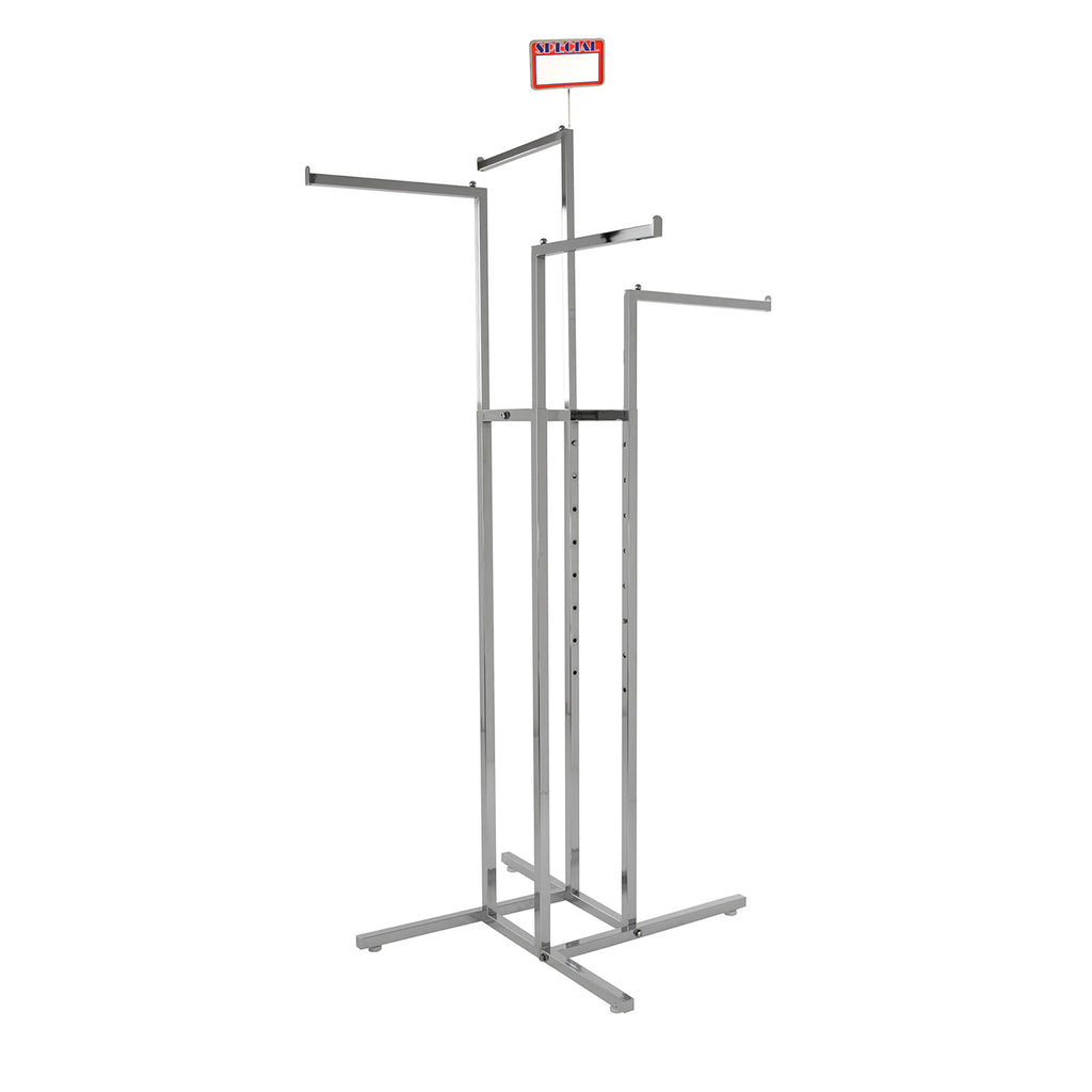 BDF commercial 4-way garment rack with straight arms in polished chrome finish, square tubing construction