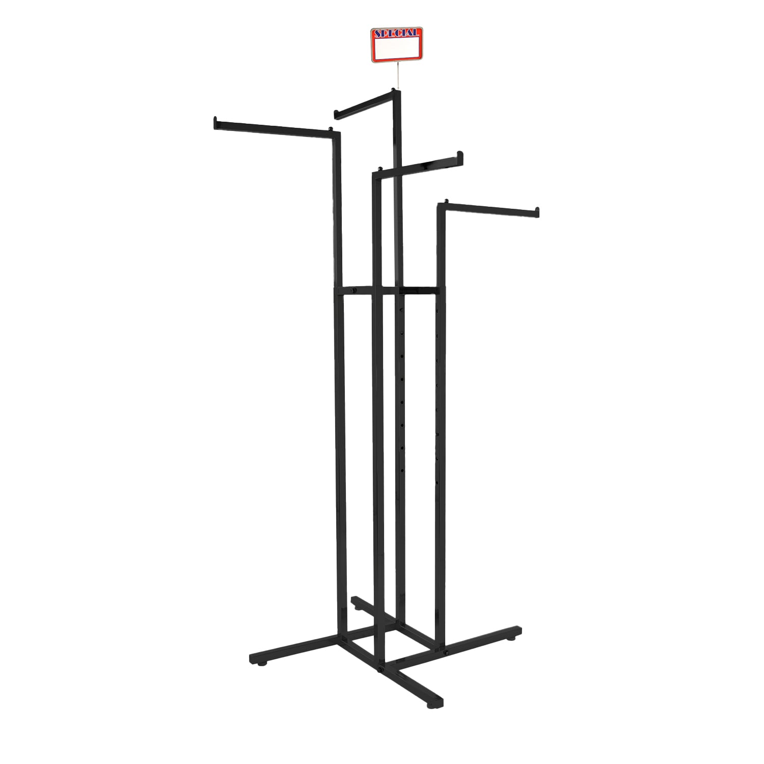 BDF commercial 4-way garment rack with straight arms and matte black finish, square tubing construction