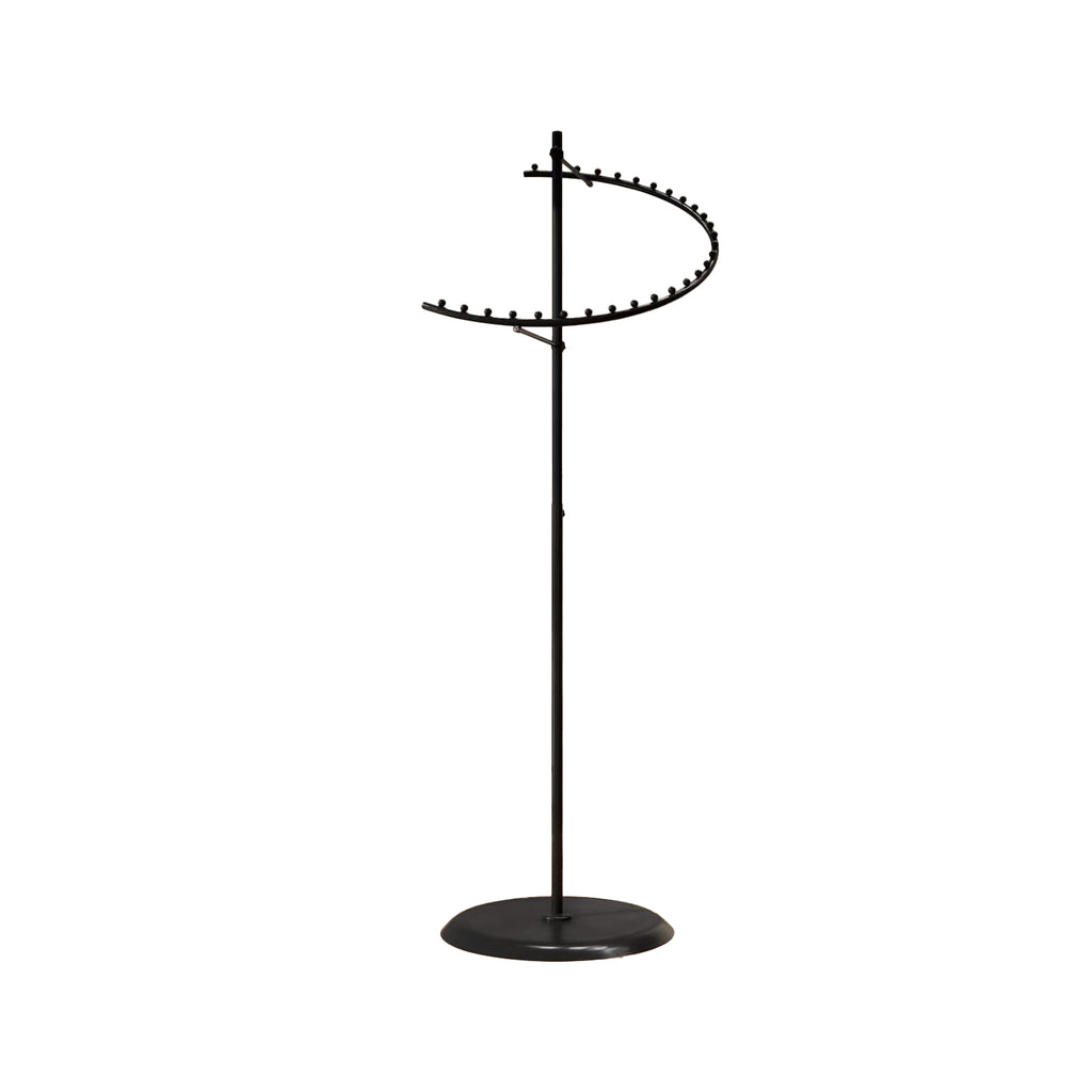 BDF commercial black spiral clothing rack with 29 ball stops, showing full spiral design and weighted base