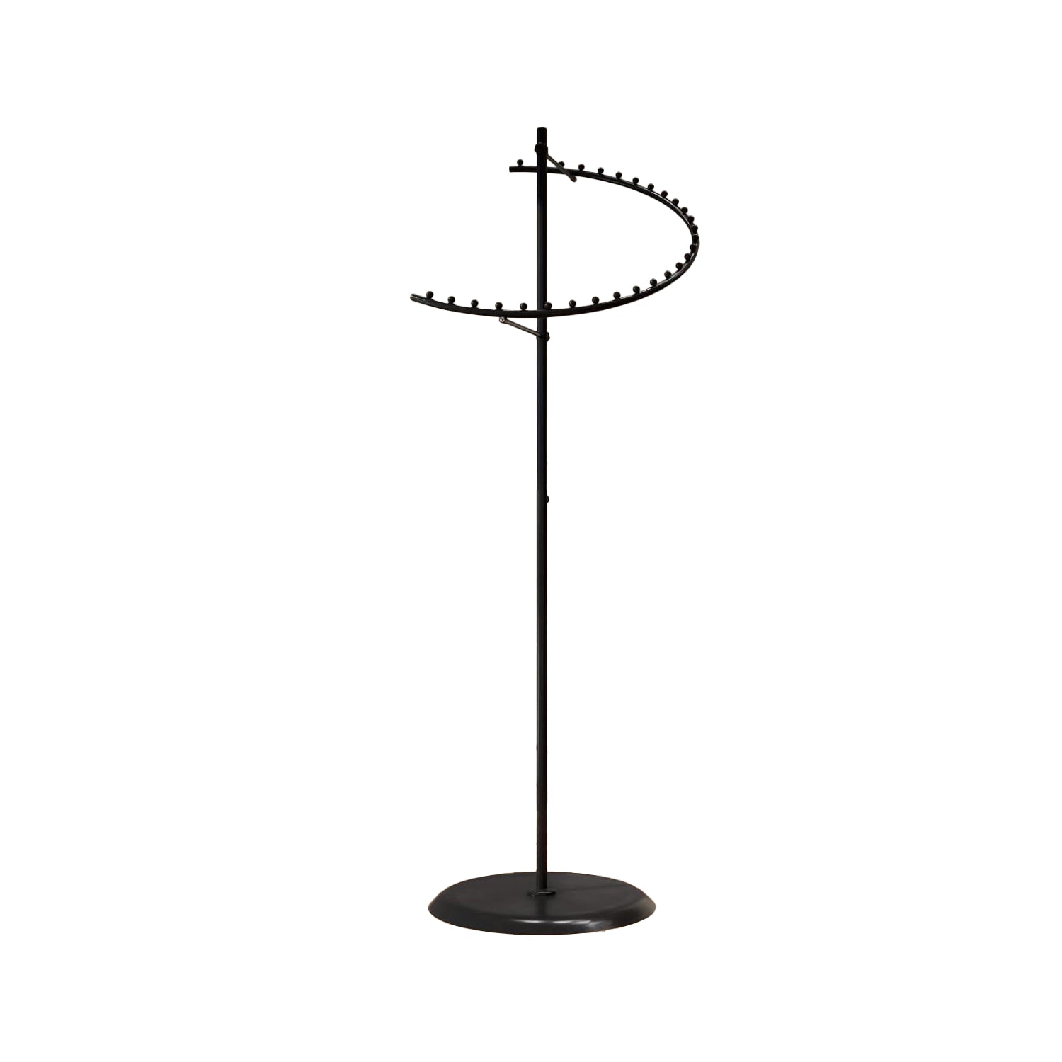 BDF commercial black spiral clothing rack with 29 ball stops, showing full spiral design and weighted base