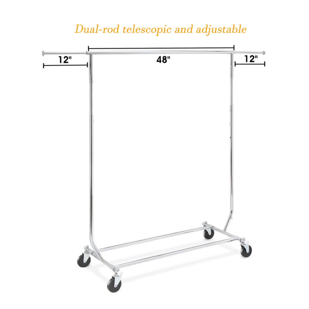 Extension bar mechanism on chrome single rail rack, 72-inch display capacity