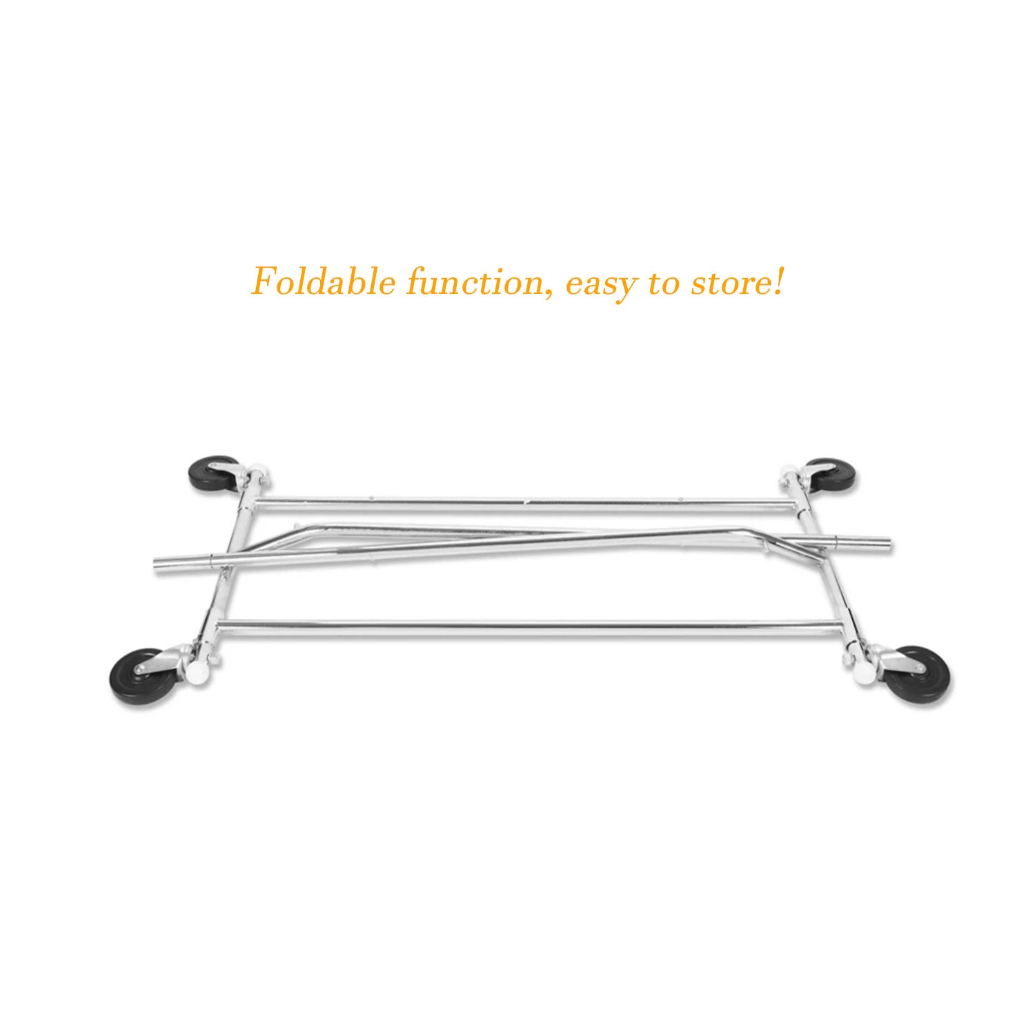 Chrome folding sales rack in collapsed position, 5-inch profile for easy storage and transport