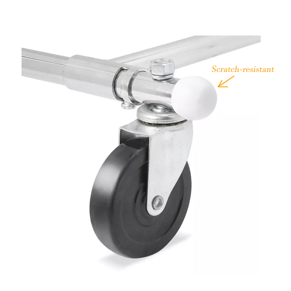 Heavy duty rolling casters on chrome collapsible rack, professional mobility for commercial clothing display