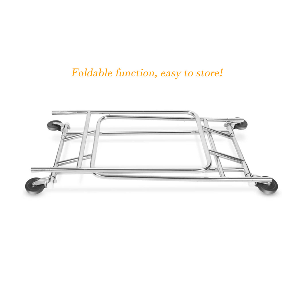 BDF chrome collapsible sales rack in storage position, space-saving design for commercial use