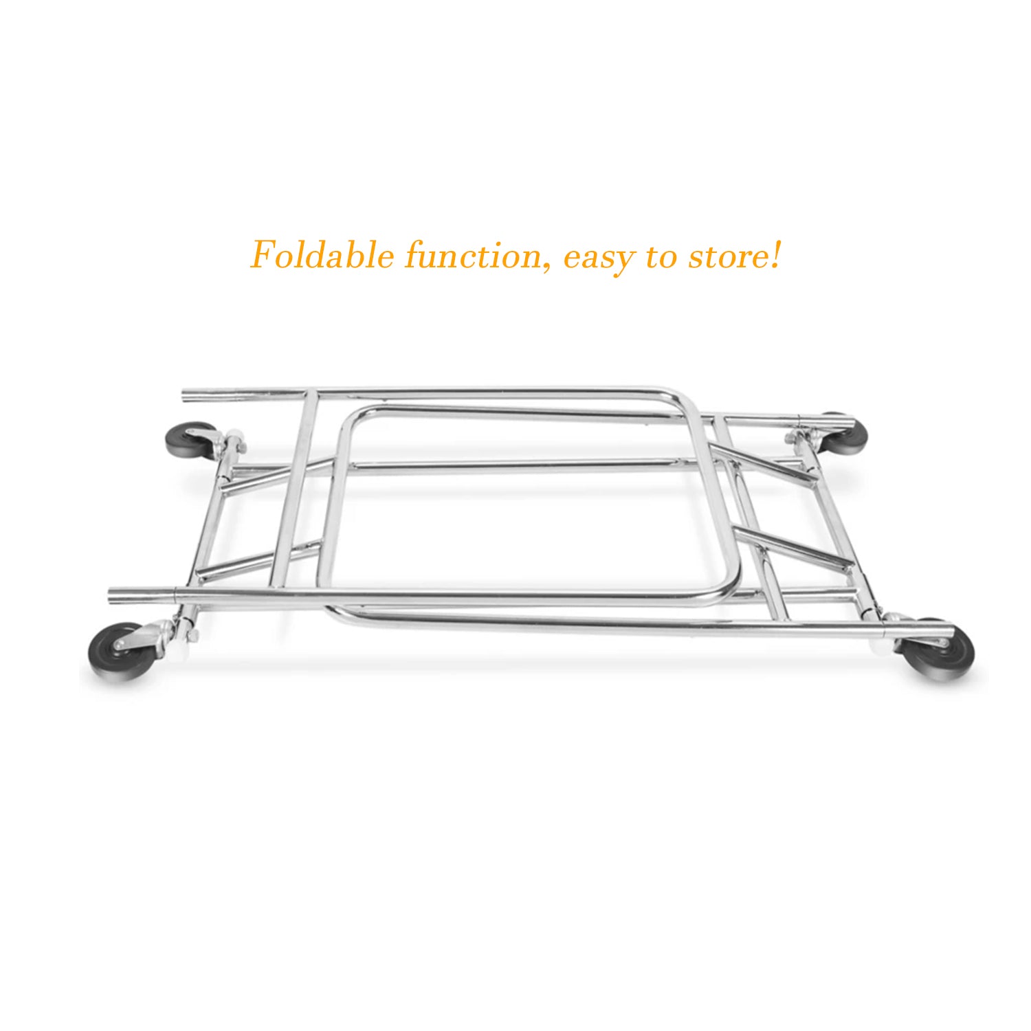 BDF chrome collapsible sales rack in storage position, space-saving design for commercial use