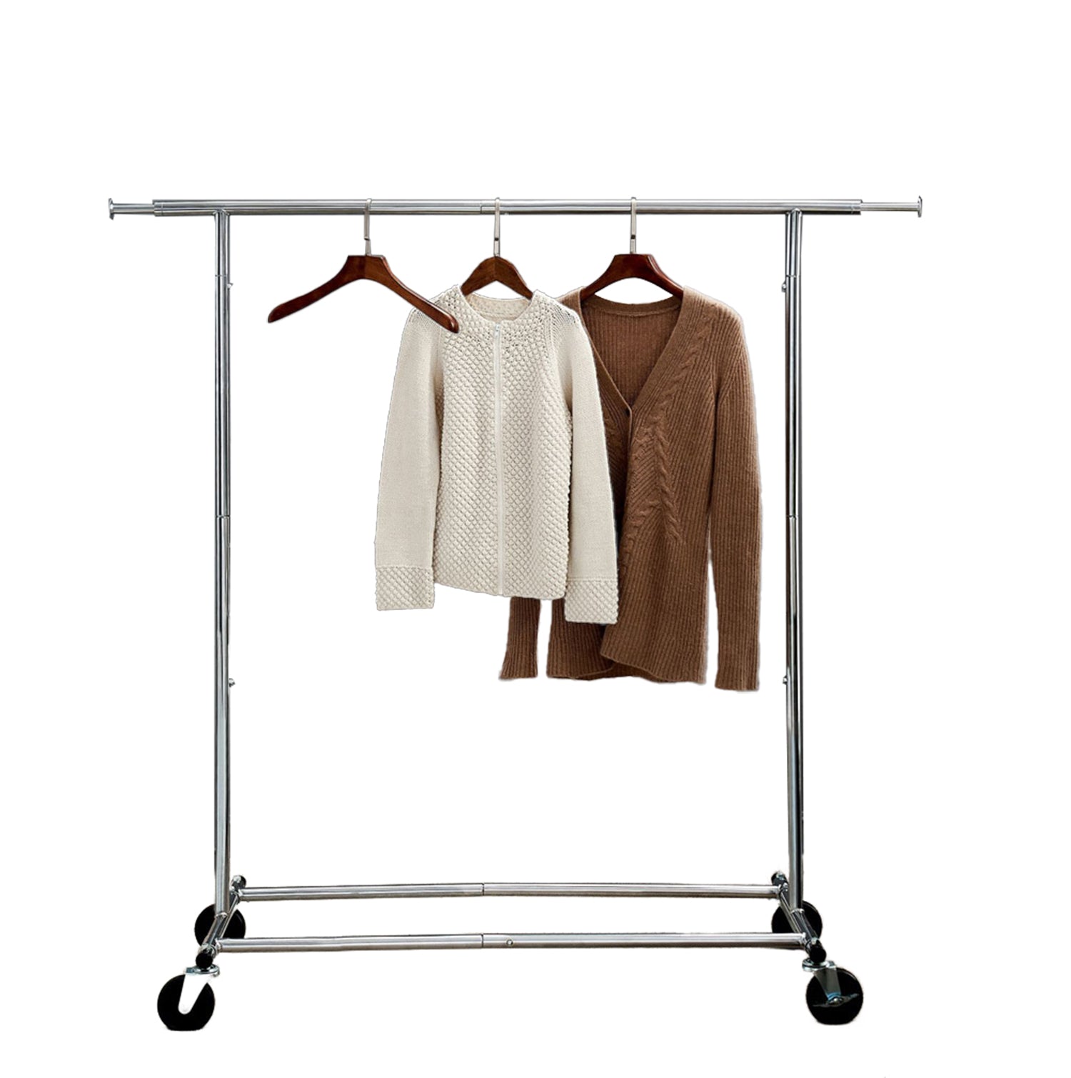 Chrome collapsible single rail rack displaying garments on white background, 72-inch display space