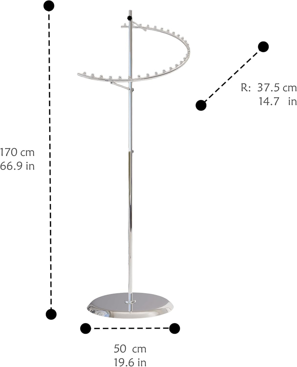 Detail of heavy weighted base on chrome spiral clothing rack, demonstrating commercial stability features