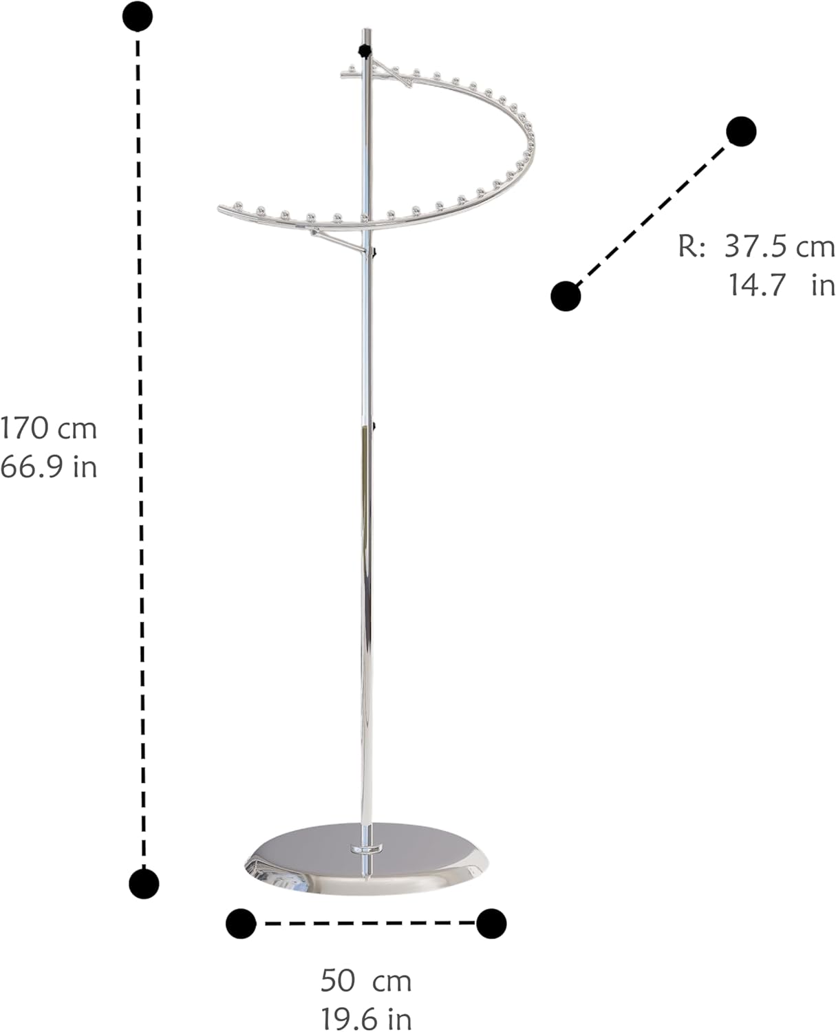 Detail of heavy weighted base on chrome spiral clothing rack, demonstrating commercial stability features
