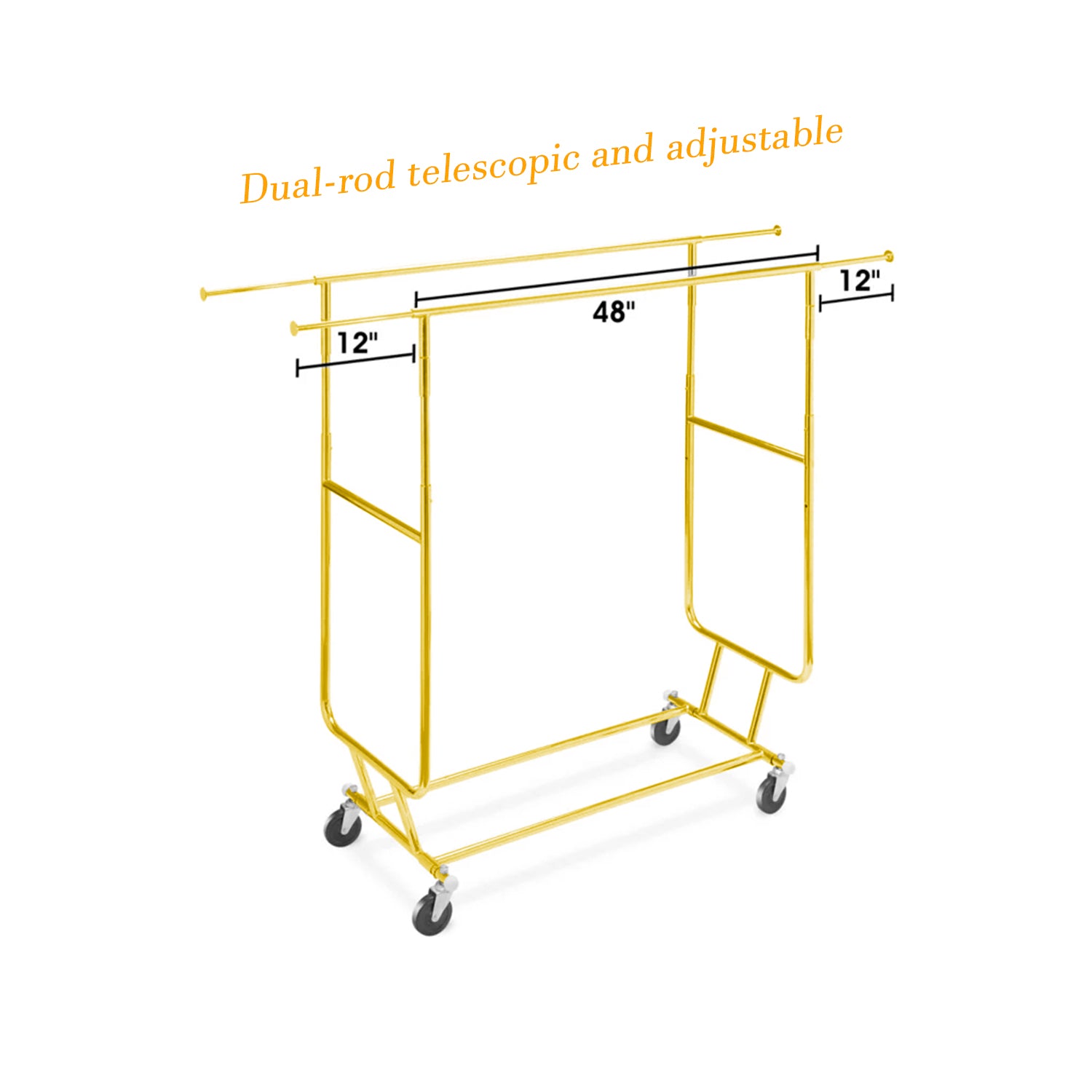 Dimensions and measurements of BDF gold collapsible sales rack, showing extended rail system for wholesale purchase