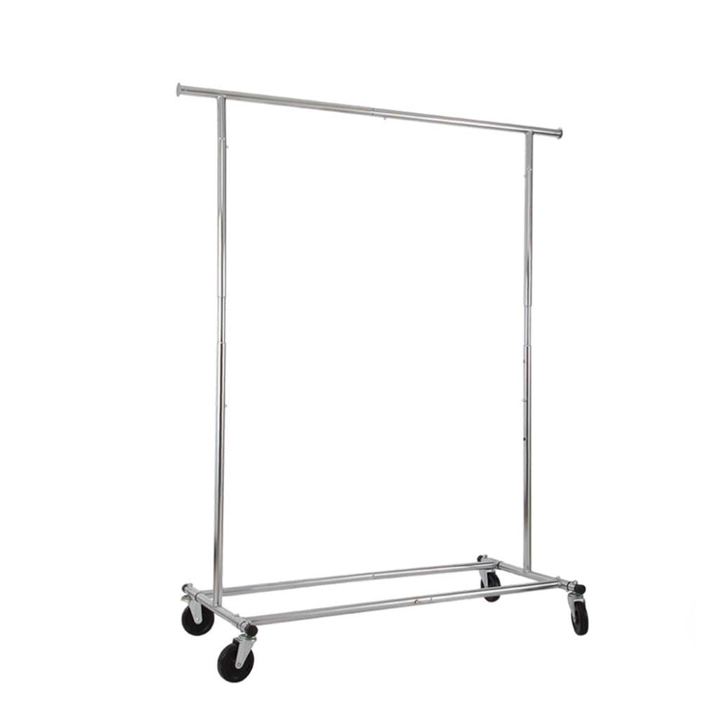 BDF collapsible single rail salesman rack in chrome finish on white background, portable clothing display