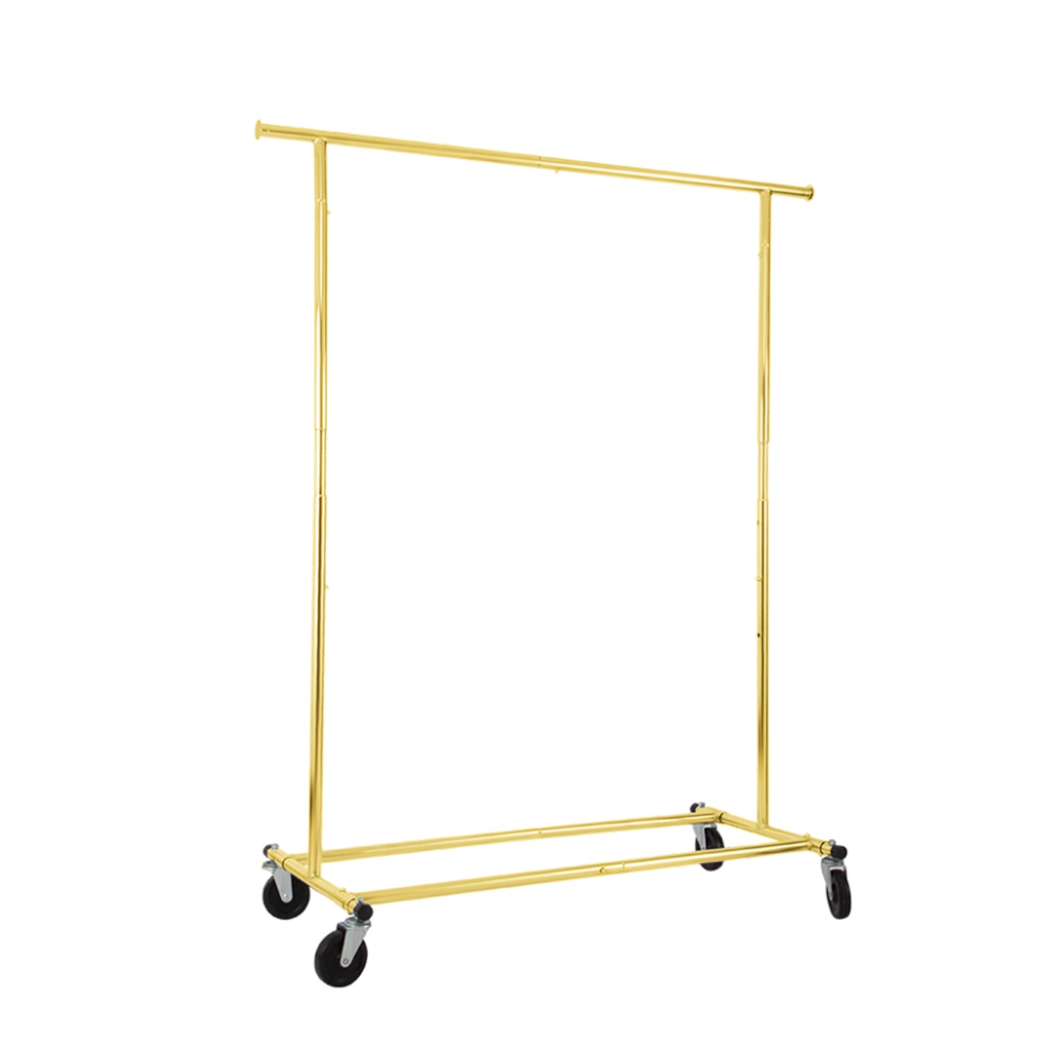 BDF collapsible single rail salesman rack in gold finish on white background, luxury portable display