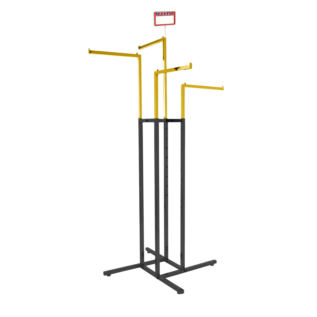 BDF custom style 4-way clothing rack with chrome-gold arms and black frame, unique commercial display fixture