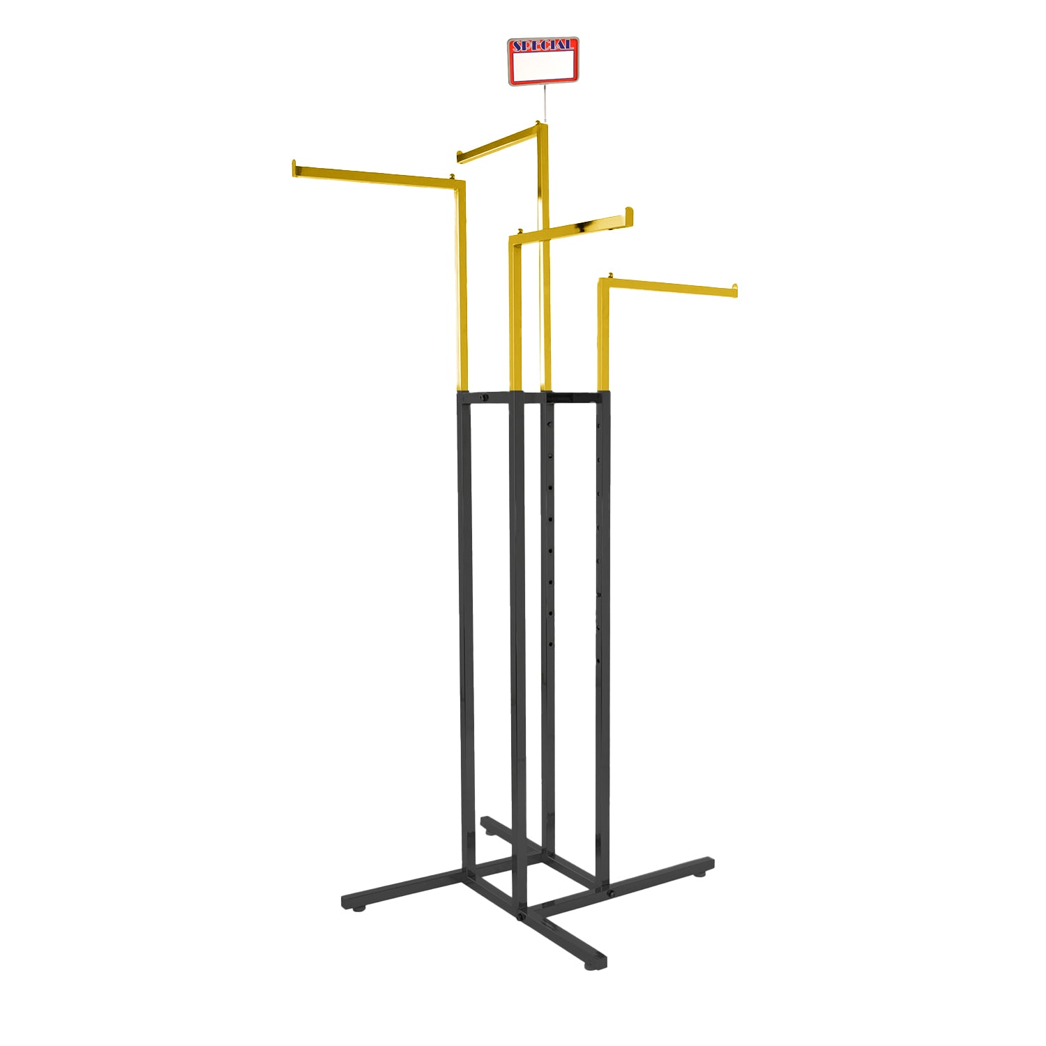 BDF custom style 4-way clothing rack with chrome-gold arms and black frame, unique commercial display fixture