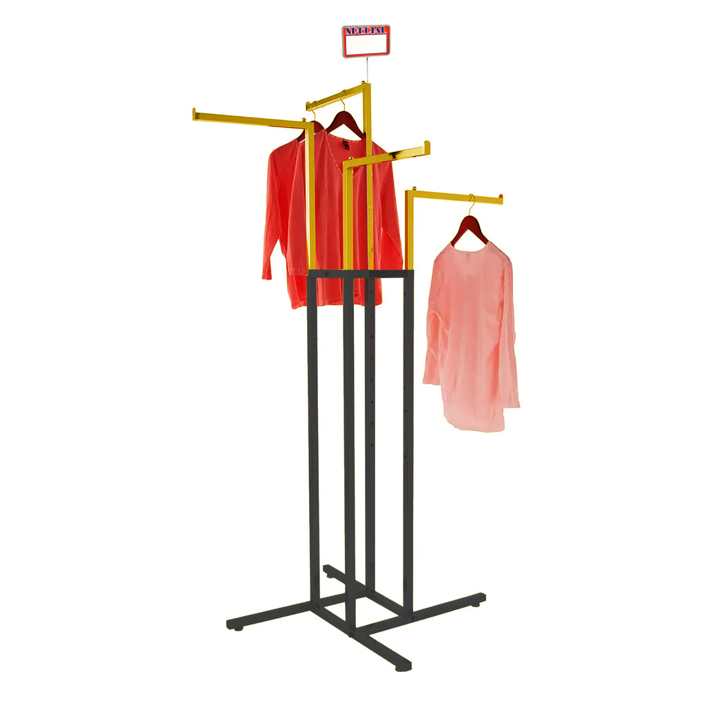 Custom chrome-gold and black 4-way clothing rack in fashion store, wholesale and bulk purchase available