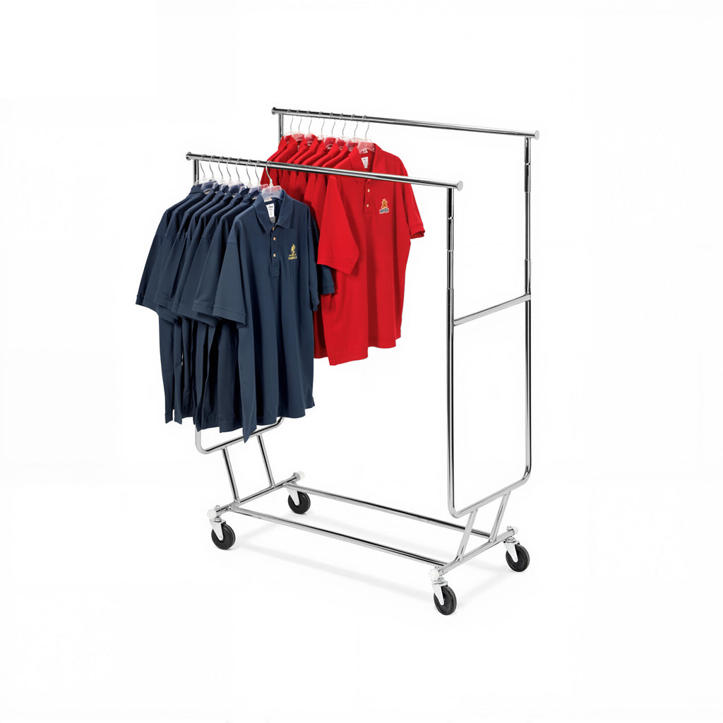 BDF chrome double bar collapsible salesman rack with professional garment display, ideal for wholesale clothing showrooms