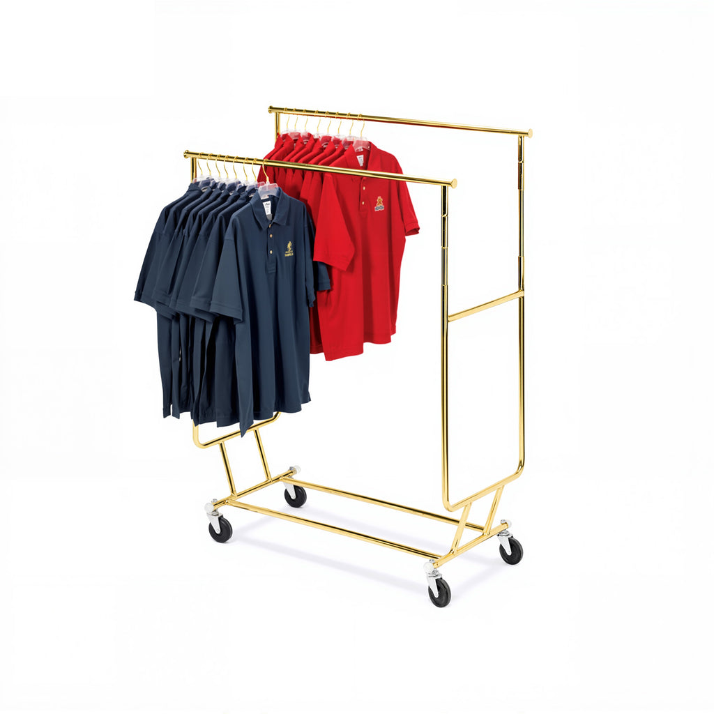 BDF gold electroplated double bar collapsible salesman rack displaying suits and dresses, commercial portable clothing display