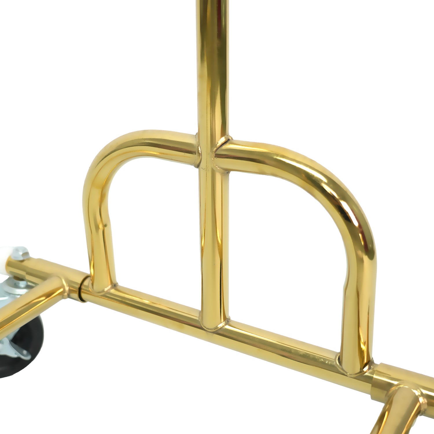 Close-up of garment rail tube construction on BDF rolling rack, smooth finish for easy garment movement