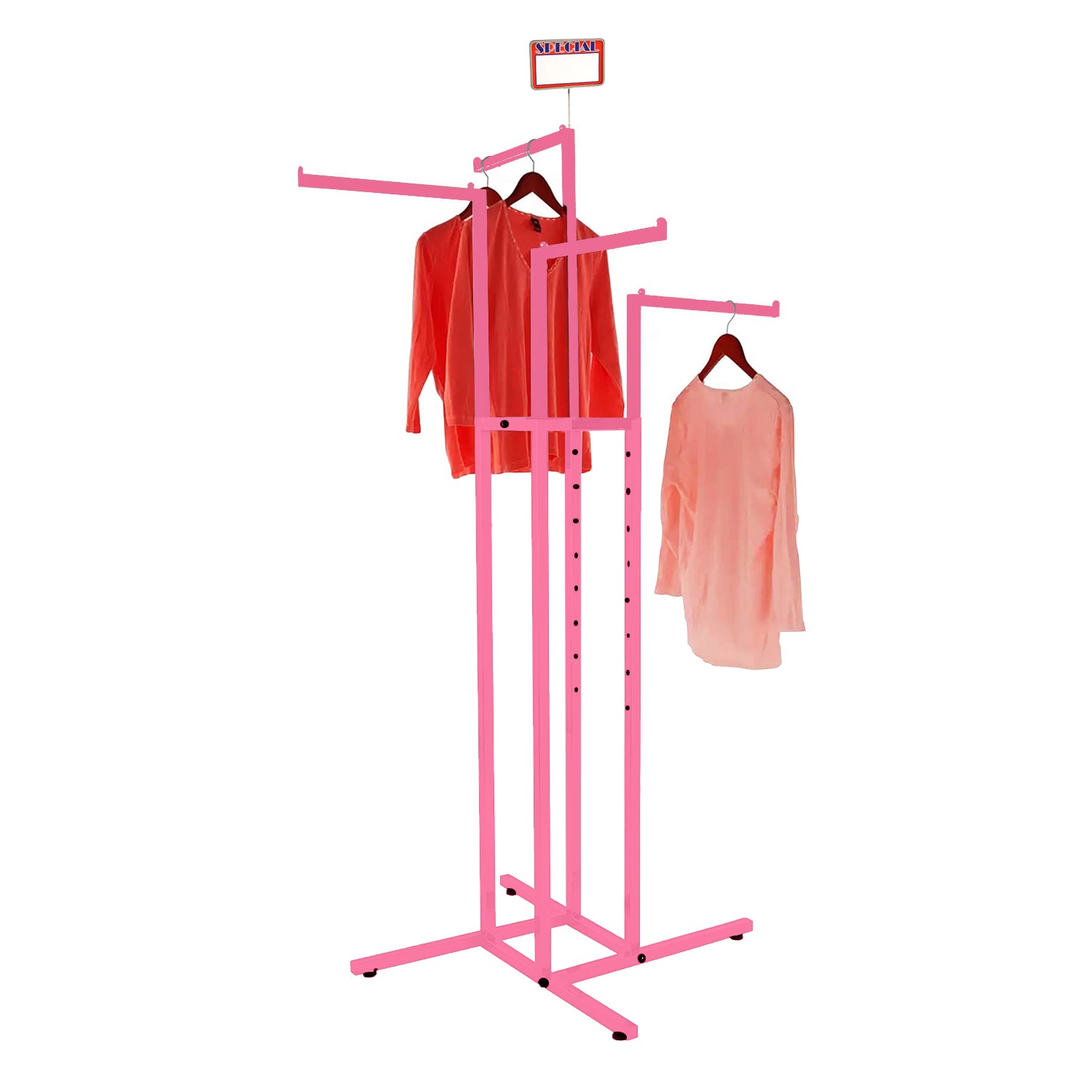 Gloss pink 4-way clothing rack in contemporary boutique, wholesale and bulk purchase available for clothing retailers
