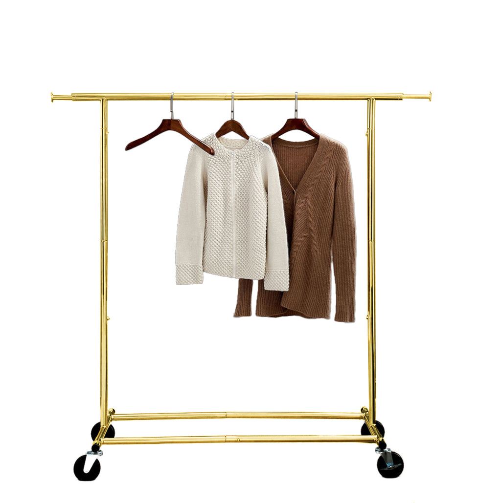 Gold collapsible single rail rack with garments on white background, premium mobile display