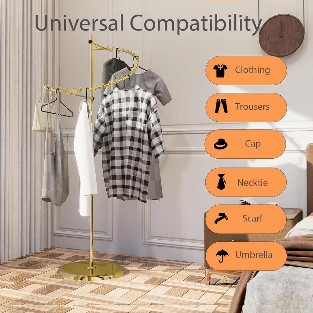 Detail of heavy weighted base on gold spiral clothing rack, demonstrating luxury stability features