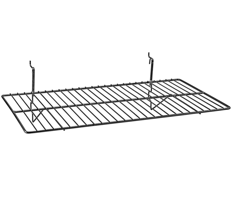 BDF heavy-duty 12x24 inch black wire display shelf, showcasing the large flat surface and sturdy construction on a white background.
