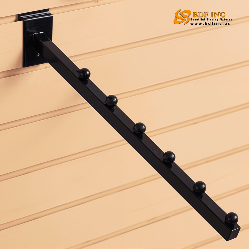 Close-up view of the six secure retaining studs and durable metal construction on the BDF slatwall waterfall display arm.