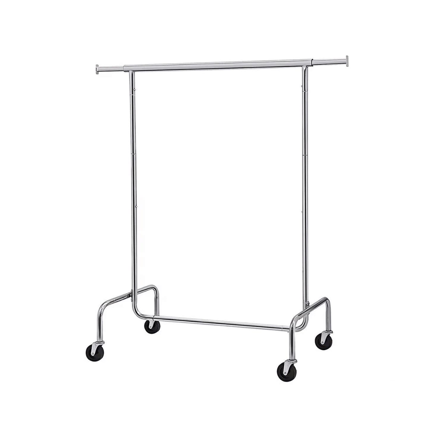BDF heavy duty single bar clothing rack in chrome finish on white background, commercial grade display fixture