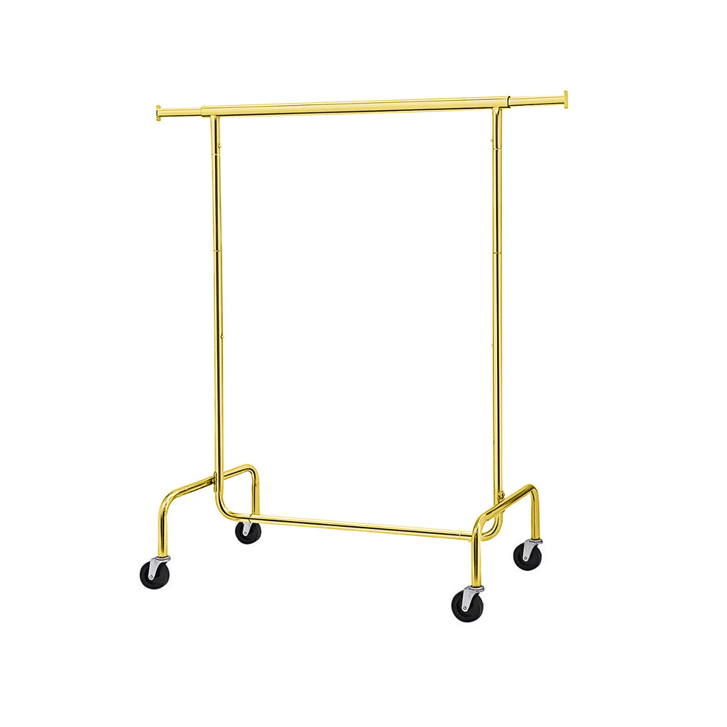 BDF heavy duty single bar clothing rack in chrome gold finish on white background, commercial grade display fixture