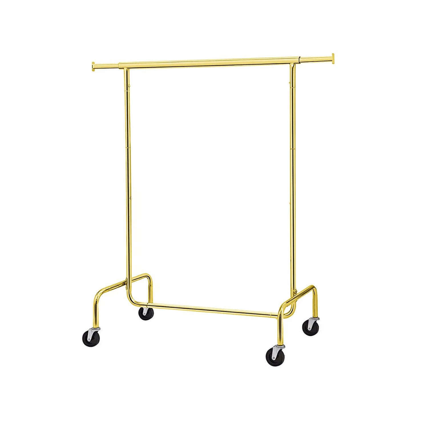 BDF heavy duty single bar clothing rack in chrome gold finish on white background, commercial grade display fixture