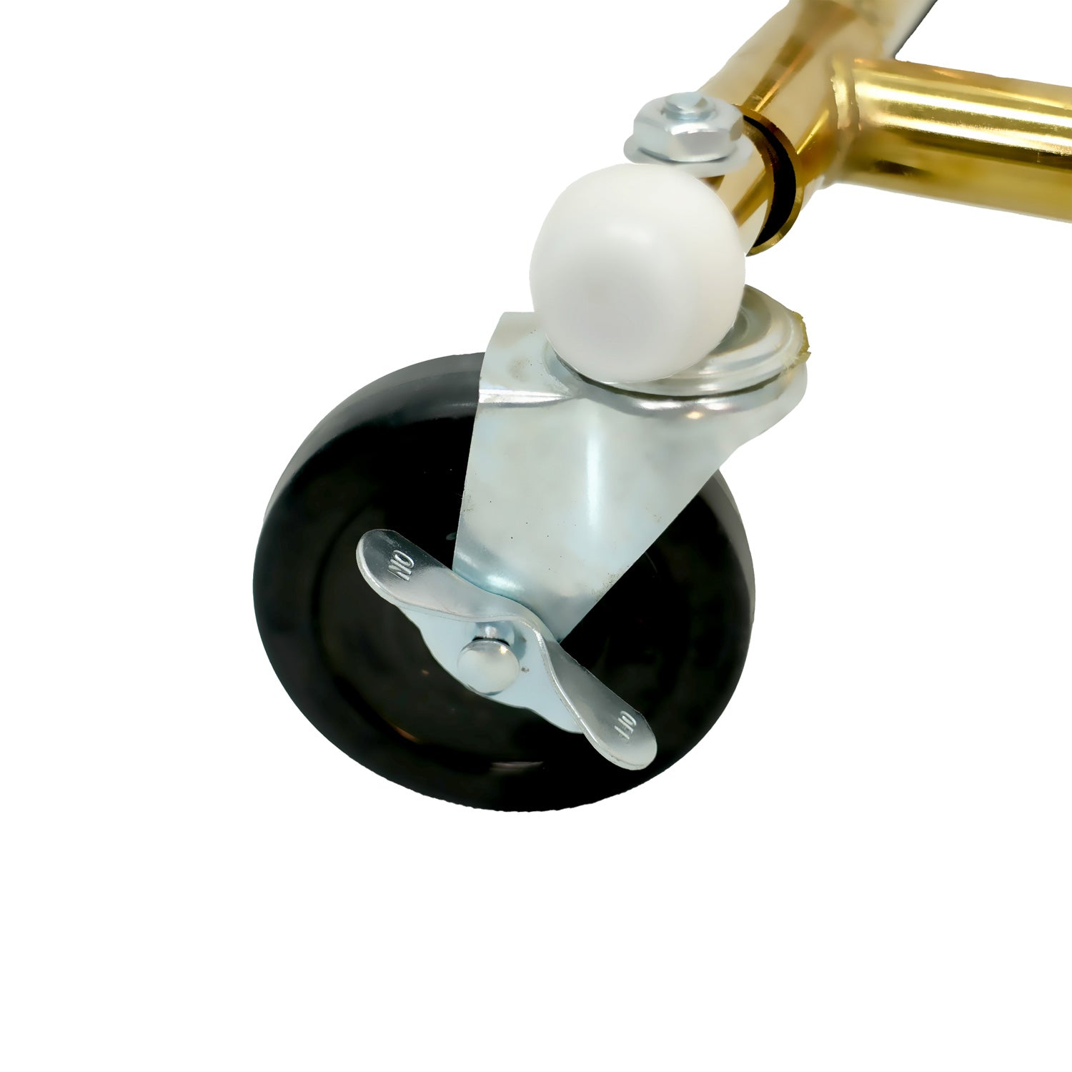 Detail of fixed locking casters on BDF simple rolling display rack, commercial mobility system