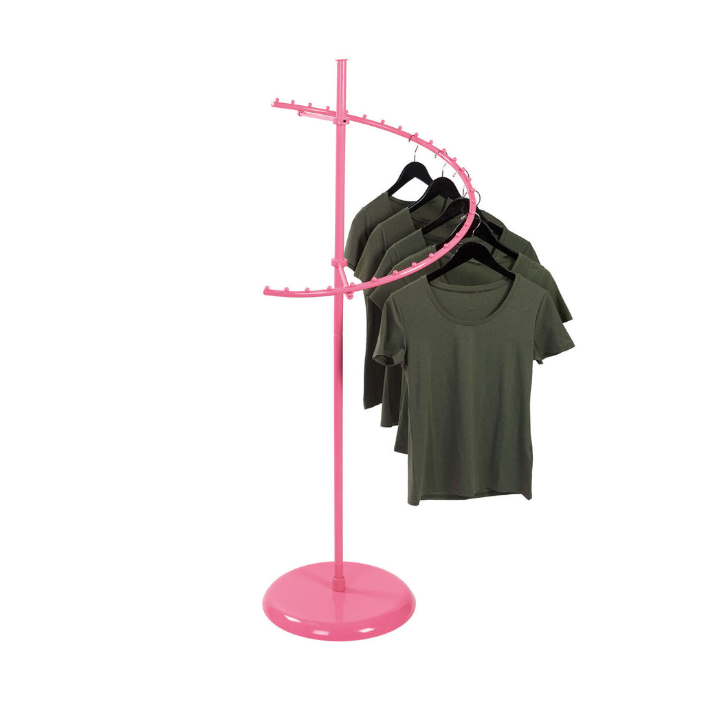 BDF custom color pink spiral clothing rack in boutique setting, ideal for wholesale and bulk purchase orders