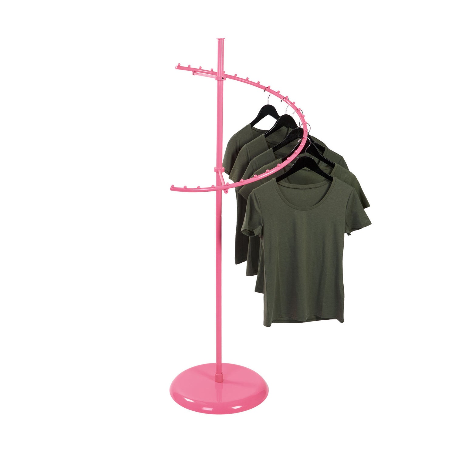 BDF custom color pink spiral clothing rack in boutique setting, ideal for wholesale and bulk purchase orders