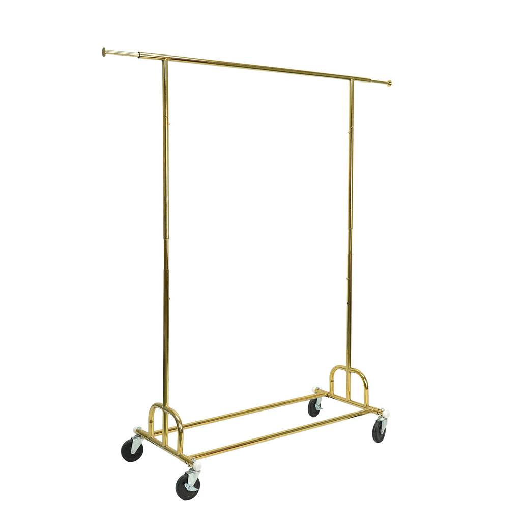 BDF simple rolling clothing display rack in chrome and gold finishes on white background, commercial retail display fixture