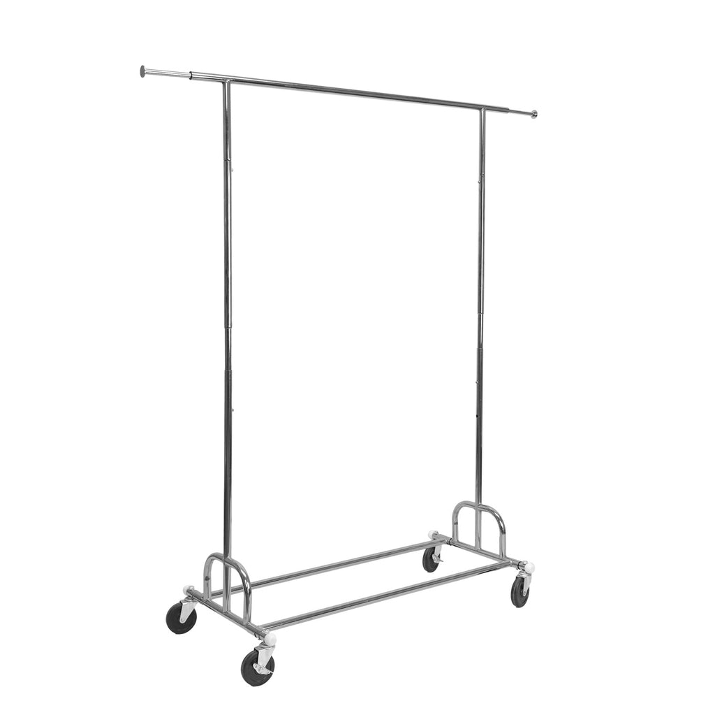 BDF simple rolling clothing display rack in chrome finishes on white background, commercial retail display fixture