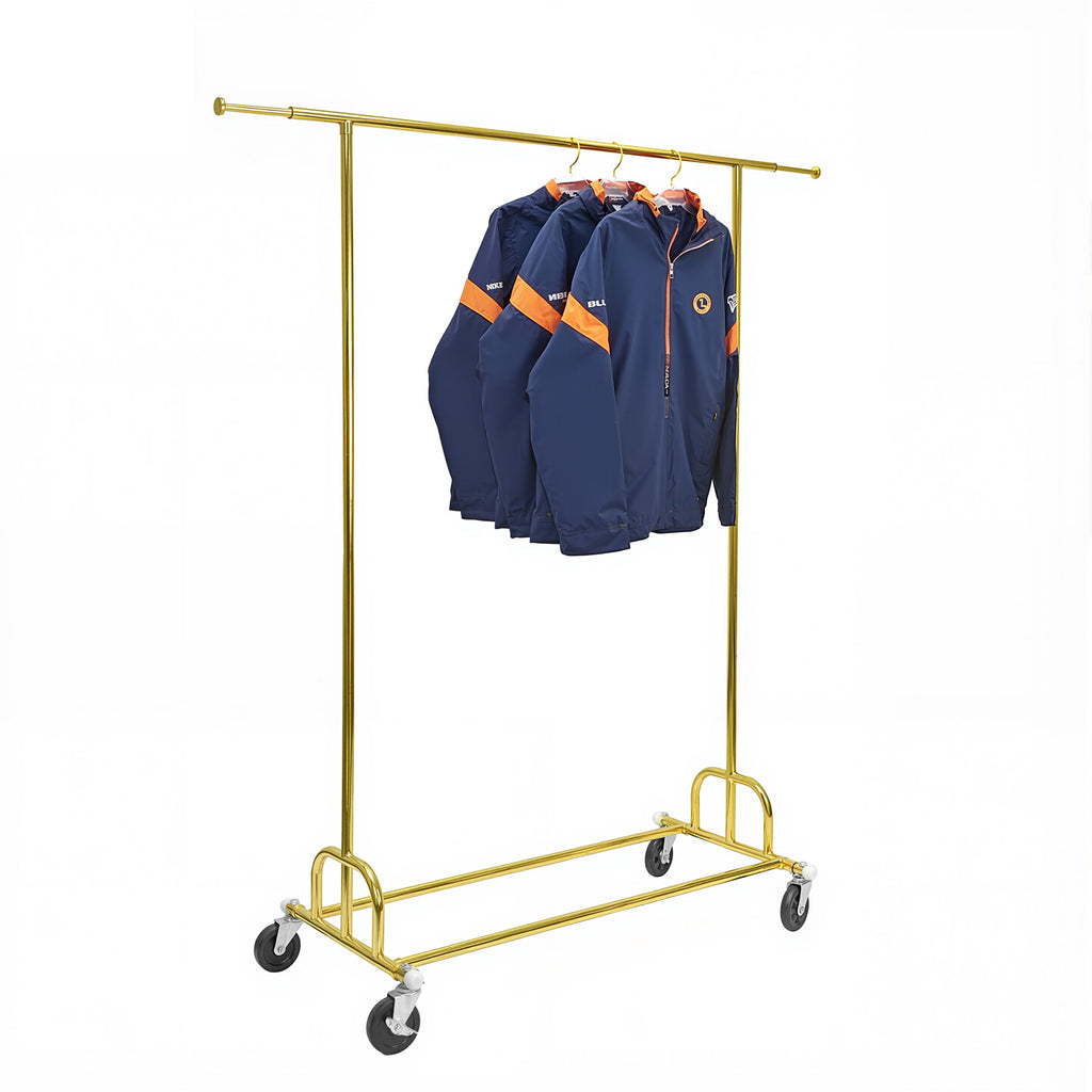 simple rolling clothing rack displaying various garments on white background, chrome and gold finish options