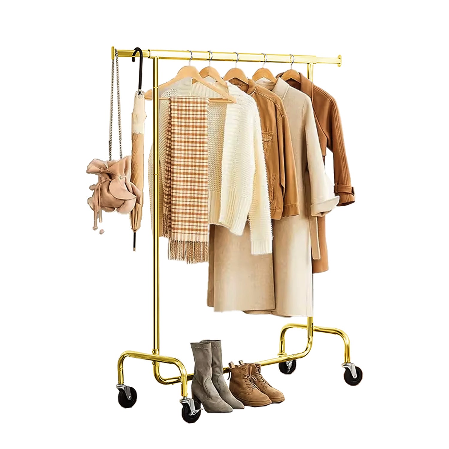 Heavy duty single bar clothing rack displaying various garments on white background, chrome and gold options