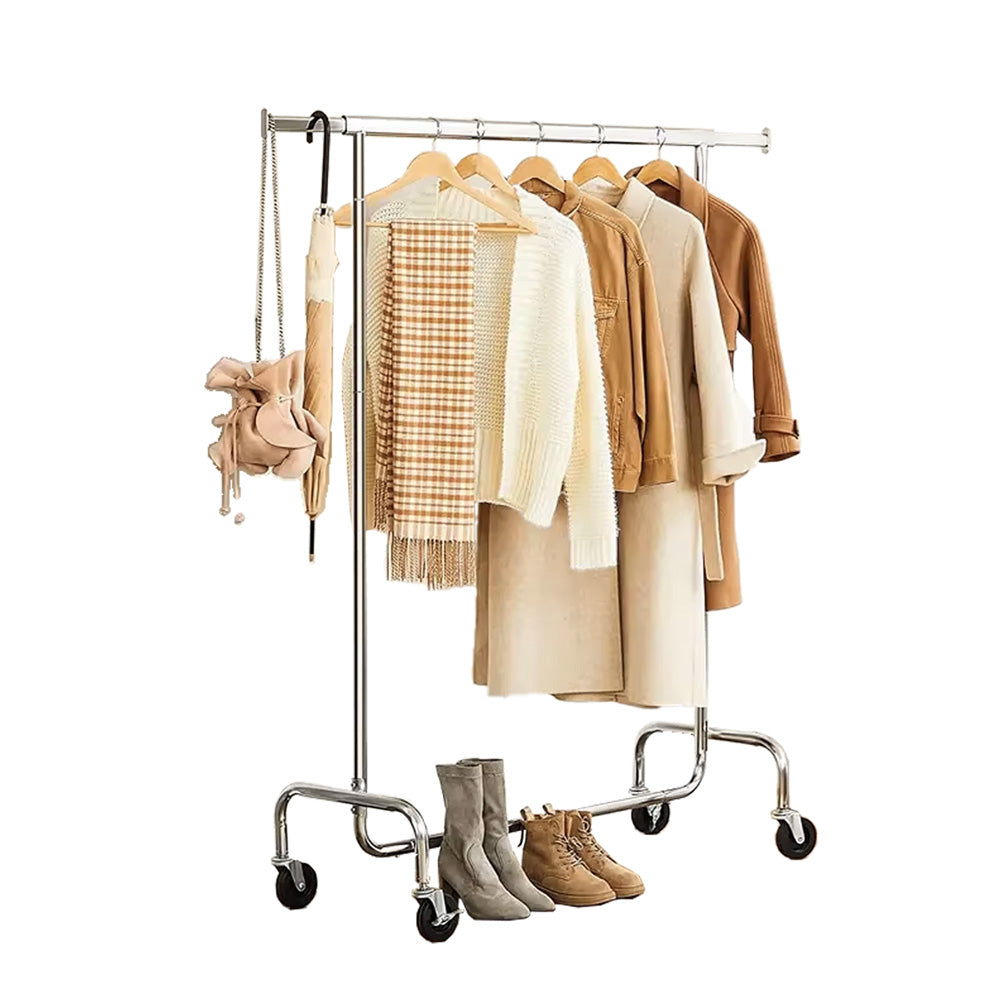 Heavy duty single bar clothing rack displaying various garments on white background, chrome and gold options