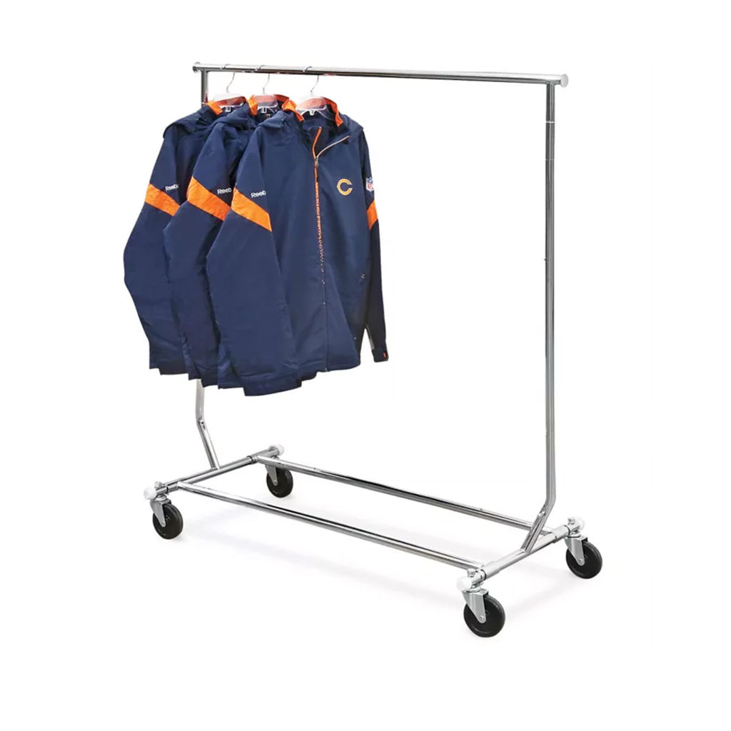 Chrome folding sales rack in collapsed position, 5-inch profile for easy storage and transport