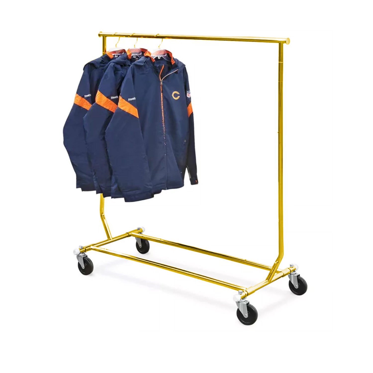 BDF chrome single rail folding rolling clothing rack extended with garments, commercial portable display